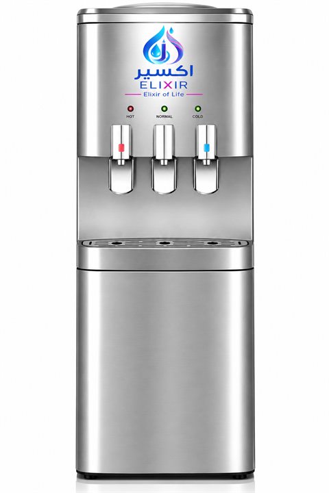 Elixir top-loading hot, normal and cold water dispenser in stainless steel with three taps