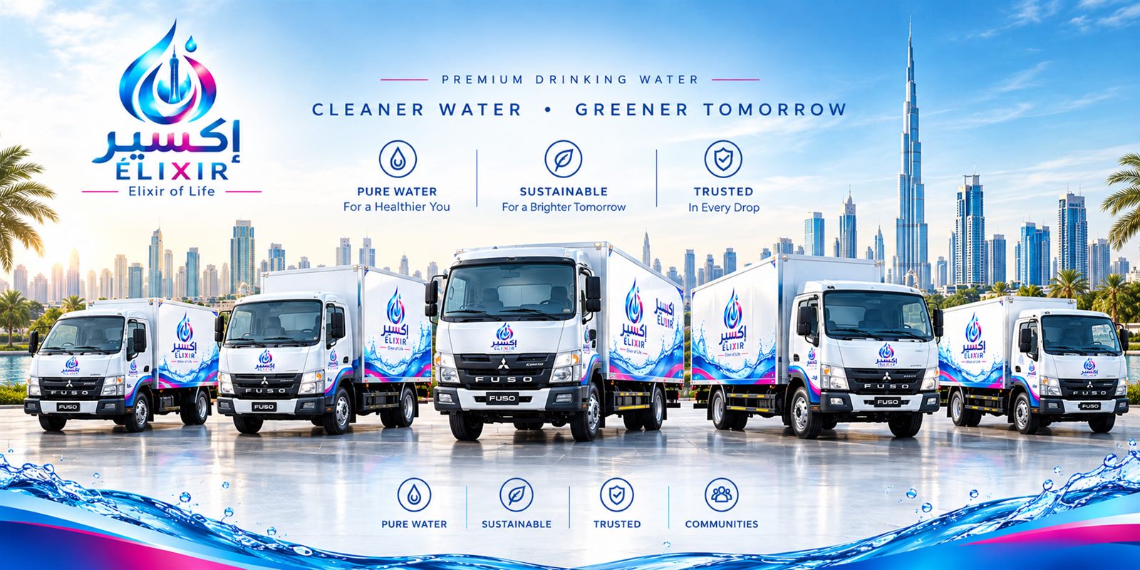 The Elixir delivery fleet: Elixir-branded trucks lined up in front of the Dubai skyline and the Burj Khalifa
