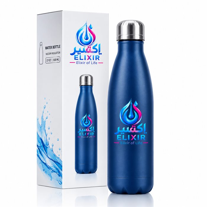 Elixir 500 ml vacuum-insulated stainless steel bottle in navy blue with its gift box