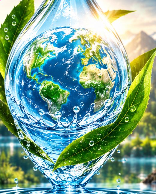 A water drop holding the Earth, with green leaves